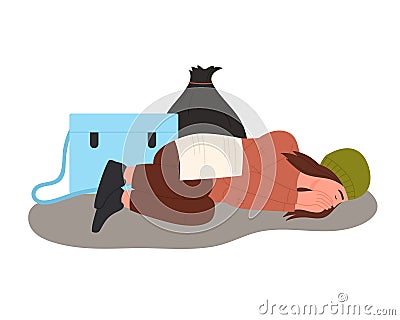 Homeless woman sleeping on street Vector Illustration