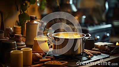 Homely kitchen scene with simmering pot and ingredients. AI Generated Stock Photo