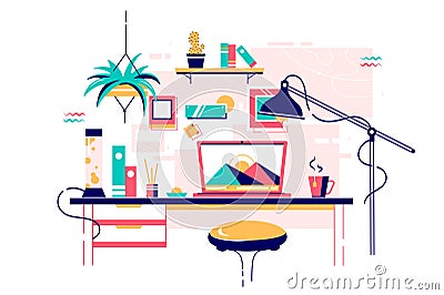 Homely stylish home office workplace of modern device. Vector Illustration