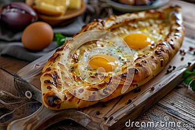 Homemade Ajarian Khachapuri with Sulguni Cheese Filled with a Raw Egg and Melted Butter Close Up Stock Photo