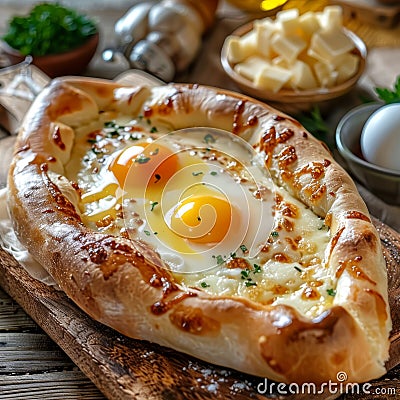 Homemade Ajarian Khachapuri with Sulguni Cheese Filled with a Raw Egg and Melted Butter Close Up Stock Photo