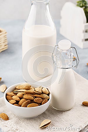 Homemade almond milk and raw ingredients. Diet food Stock Photo