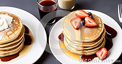 Homemade American pancakes with honey, caramel sauce or syrup with fresh blueberries, raspberries and strawberries on a Stock Photo