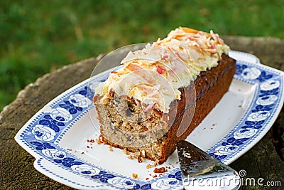 Homemade apple cake with pecan nuts and cinnamon. Stock Photo