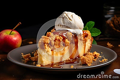 Homemade apple crumble dessert display. Stock Photo