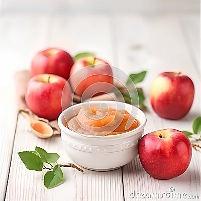 Homemade apple jam in a bowl and fresh apples on wooden background Stock Photo