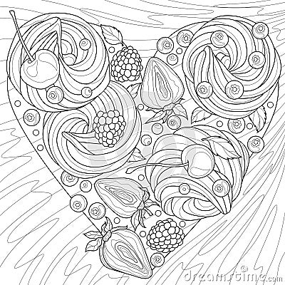 Homemade Apple marshmallow in the shape of a heart.Coloring book antistress for children and adults. Vector Illustration