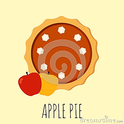 Homemade apple pie. Flat vector illustration isolated on the background. Pie with cream. Vector Illustration