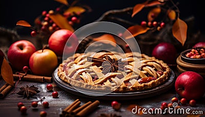Homemade apple pie on rustic wooden background with golden crust and fresh apple slices Stock Photo