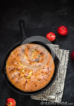 Homemade apple pie in vintage iron pan on dark background. Stock Photo