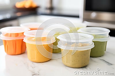 homemade baby food in freezer-safe containers Stock Photo