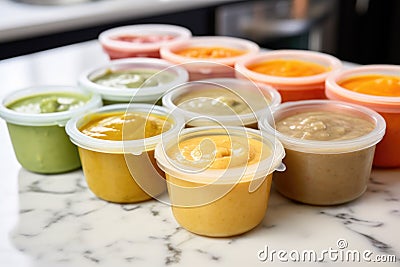 homemade baby food in freezer-safe containers Stock Photo