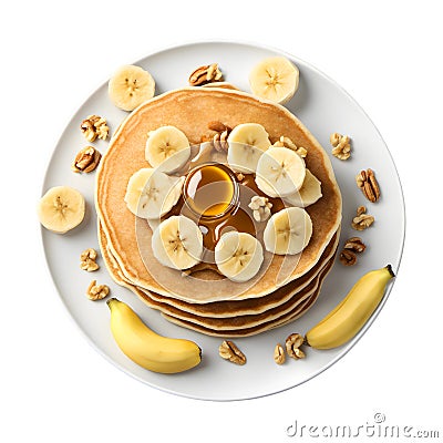 Homemade bake banana pancakes with topping fresh banana slices, walnuts and honey on whit plate Stock Photo