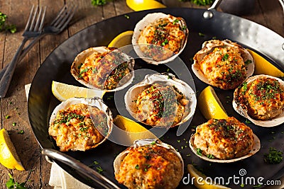 Homemade Baked Clams with Lemon Stock Photo