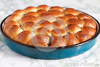 Homemade Baked Rolls in a Pan on Marble Background Stock Photo