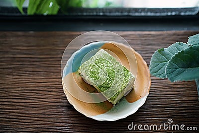 Homemade Banoffee pie with matcha green tea, made from bananas, Stock Photo