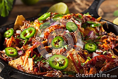 Homemade Barbecue Pulled Pork Nachos Stock Photo