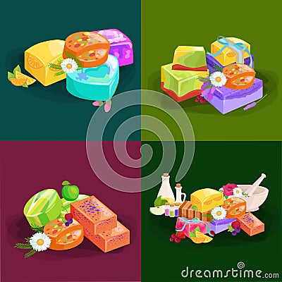 Homemade bars soaps, flowers and essential oil. vector icons set Vector Illustration