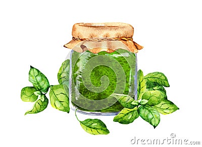 Homemade basil pesto sauce in glass jar decorated with fresh basil leaves. Watercolor food Cartoon Illustration