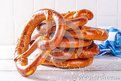 Homemade bavarian pretzels on kitchen table Stock Photo