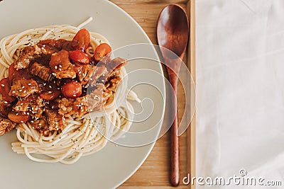 Homemade Beef Spaghetti with sauce served on dish. Stock Photo