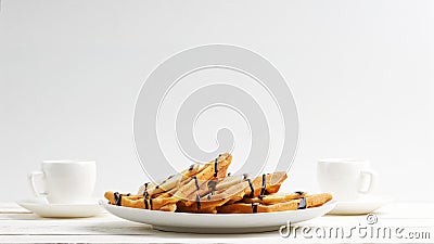 Homemade belgian waffles with banana slices topped Stock Photo