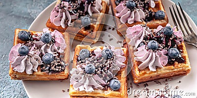 Food banner. Homemade Belgian waffles with cream, jam, blueberry and mint leaves. Delicious Dessert Stock Photo
