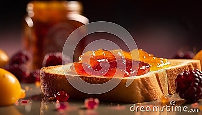 Homemade berry marmalade on fresh baked bread generated by AI Stock Photo