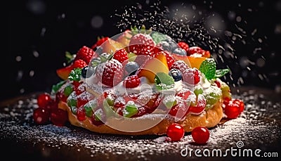 A homemade berry tart with raspberry, blueberry, and strawberry decoration generated by AI Stock Photo