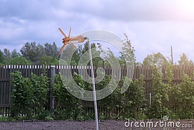 Homemade bird repeller from a plastic bottle looks like ventilator in garden. Stock Photo