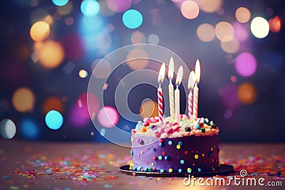 A homemade birthday cake adorned with candles with bokeh background and space for text Stock Photo