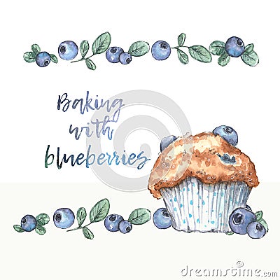 Homemade blueberry muffins with real blueberries. Cartoon Illustration