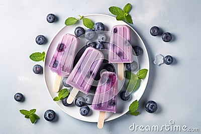 Homemade blueberry yogurt popsicles on a plate with ice and fresh berries, generative AI Stock Photo