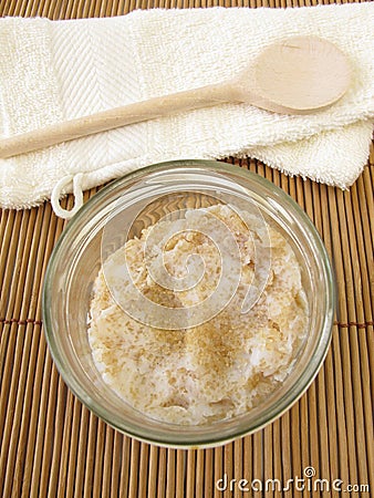 Homemade body peeling with coconut oil and raw cane sugar Stock Photo