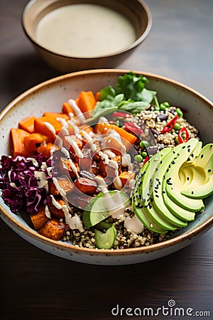 A homemade bowl with quinoa, vegetables, avocado and tahini dressing Stock Photo