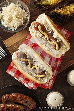 Homemade Bratwurst with Sauerkraut Stock Photo