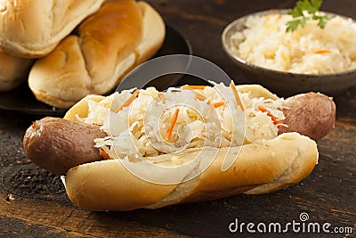 Homemade Bratwurst with Sauerkraut Stock Photo