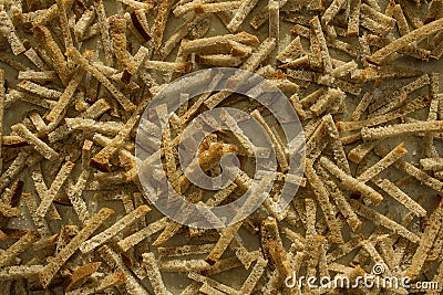 Homemade bread croutons texture background top view. Crispy bread cubes pattern, dry rye crumbs wallpaper, rusks mockup Stock Photo