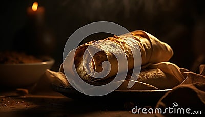 Homemade bread, fresh flour, rustic wood a still life generated by AI Stock Photo