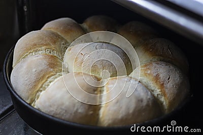 Homemade bread in a baking pan right out of the oven Stock Photo