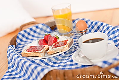 Homemade breakfast on wicker tray Stock Photo
