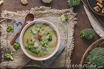 Homemade broccoli soup, fresh vegetable in and crispy croutons Stock Photo