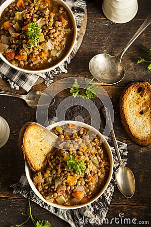 Homemade Brown Lentil Soup Stock Photo