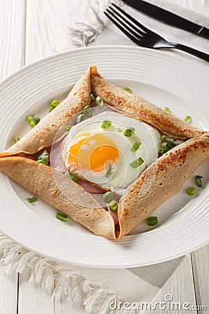 Homemade buckwheat crepe galette with egg, ham and green onion closeup on the plate. Vertical Stock Photo