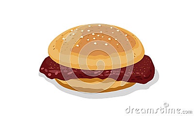 Homemade burger with beef patty, sauce topped sesame seeds. Roast meat served in toasted bun. Vector Illustration