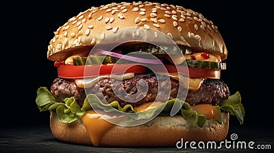 homemade burger with beef, tomato, onion and lettuce on wooden background. Stock Photo