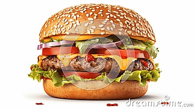 homemade burger with beef, tomato, onion and lettuce on wooden background. Stock Photo