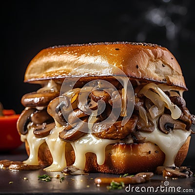 Homemade burger with mushrooms, onions and cheese on a black background Stock Photo