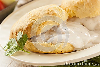 Homemade Buttermilk Biscuits and Gravy Stock Photo