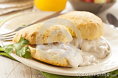 Homemade Buttermilk Biscuits and Gravy Stock Photo